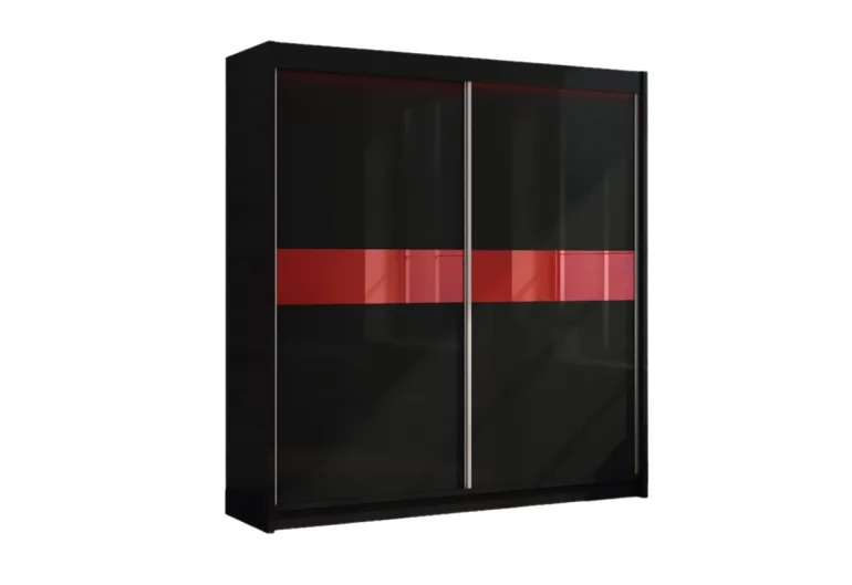 Шкаф с плъзгащи врати ALEXA, черен/червено стъкло, 200x216x61